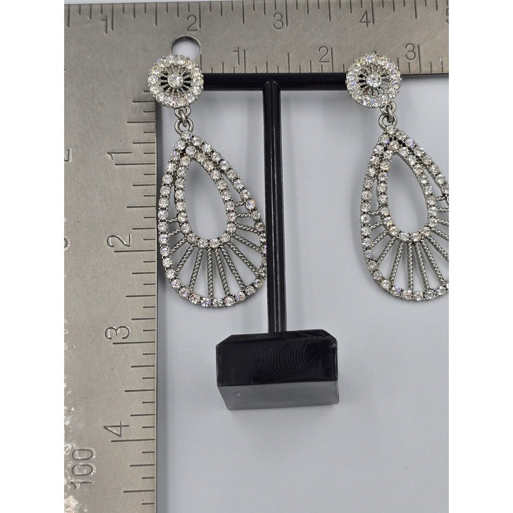 Sparkling Clear Rhinestone Dangle Earrings Silver Tone Teardrop Fashion Jewelry - Picture 5 of 16